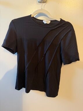 MARCELLA NYC Black Short-Sleeve Crewneck Tee with Diagonal Raw-Edge Strips